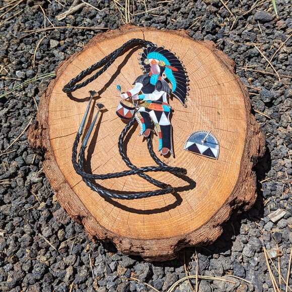Bolo Tie Zuni Native American Sterling Silver Inlay Rare Chief‎ Ceremonial *** - Picture 2 of 12